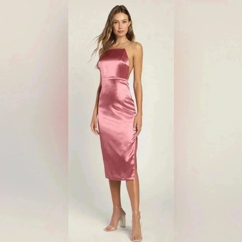 Adoring Attitude Rusty Rose Satin Column Midi Dress Sz M